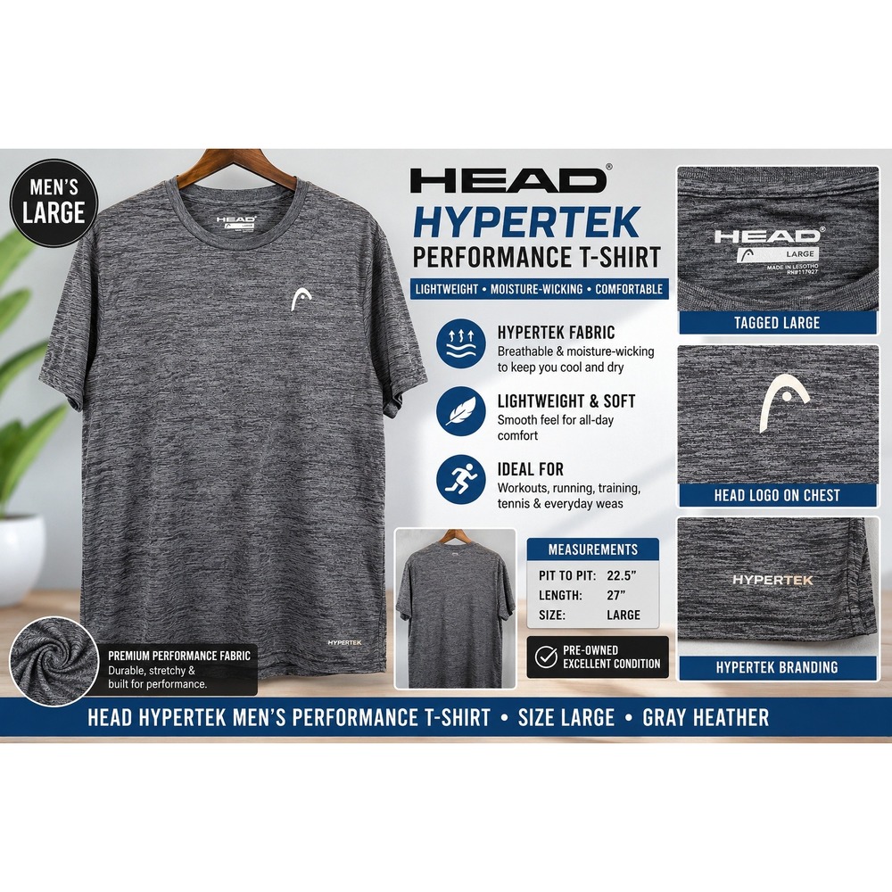 Head Hypertek Mens Performance T-Shirt Large Gray Heather Moisture Wicking Logo